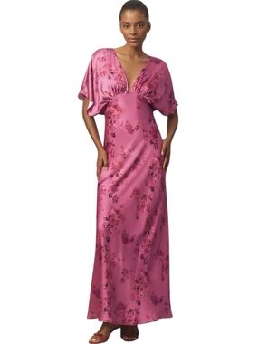 BHLDN Amelia Deep-V Flutter-Sleeve Satin A-Line Gown Raspberry Watercolor Floral